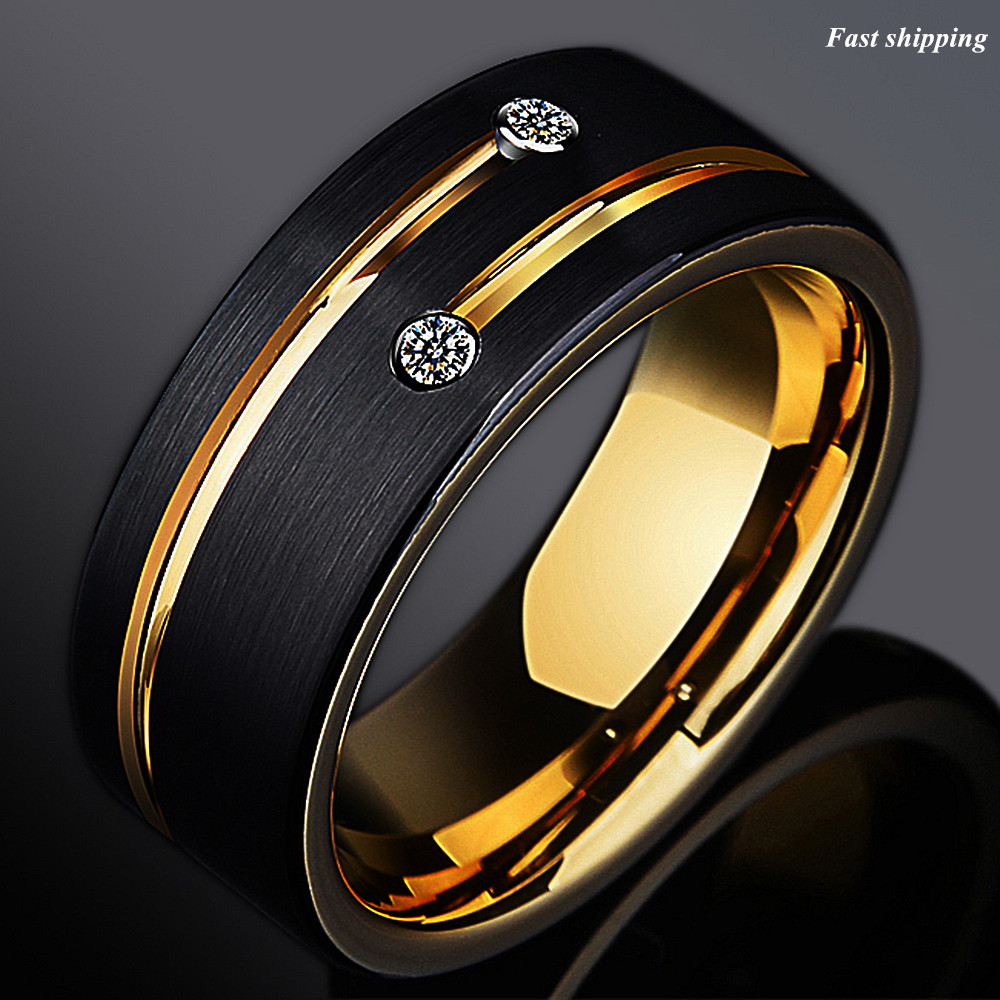 8mm Black Plated Metal Tungsten Ring Gold Grooved Line ATOP Men Wedding Band