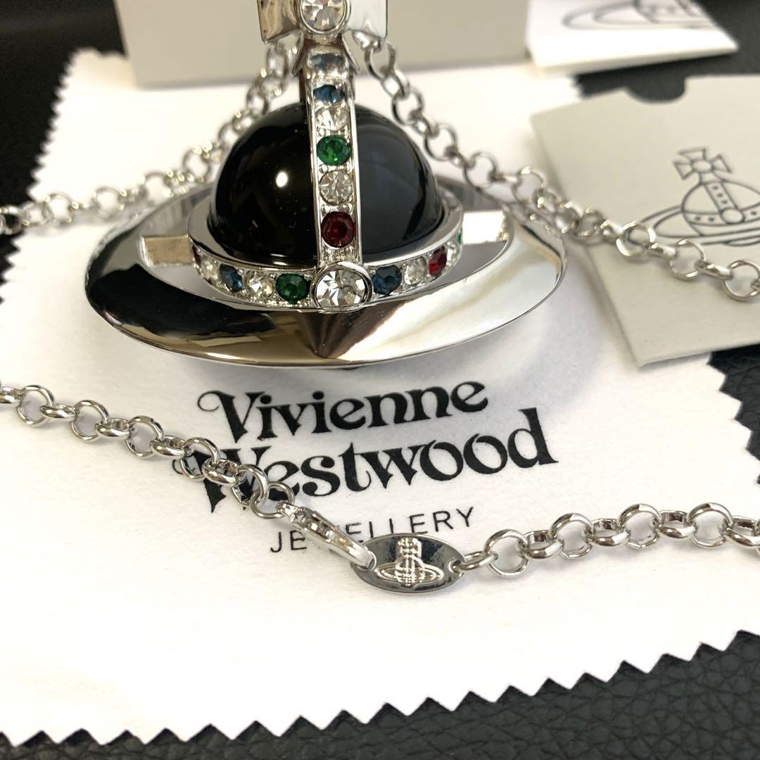 Vivienne Westwood Necklace Medium Orb Black Silver Top 6.5 x 6cm C:80cm IN BOX