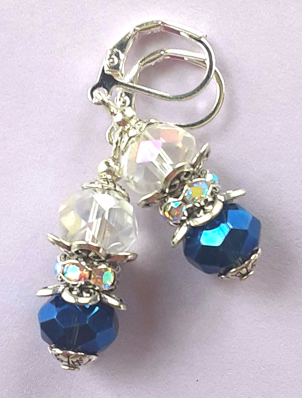 NAVY & CLEAR Faceted CRYSTALS AB CRYSTAL RING earring SP LEVERBACK artisan #N25