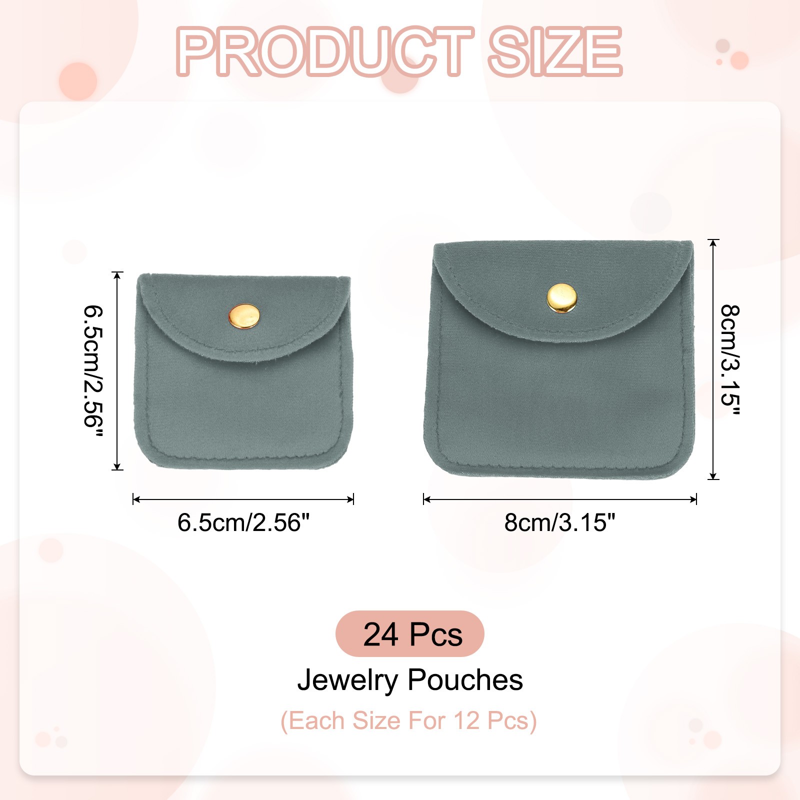 6 Pcs Velvet Jewelry Pouches Gift Bag with Snap Button (2″x2″/3″x3″) Gray