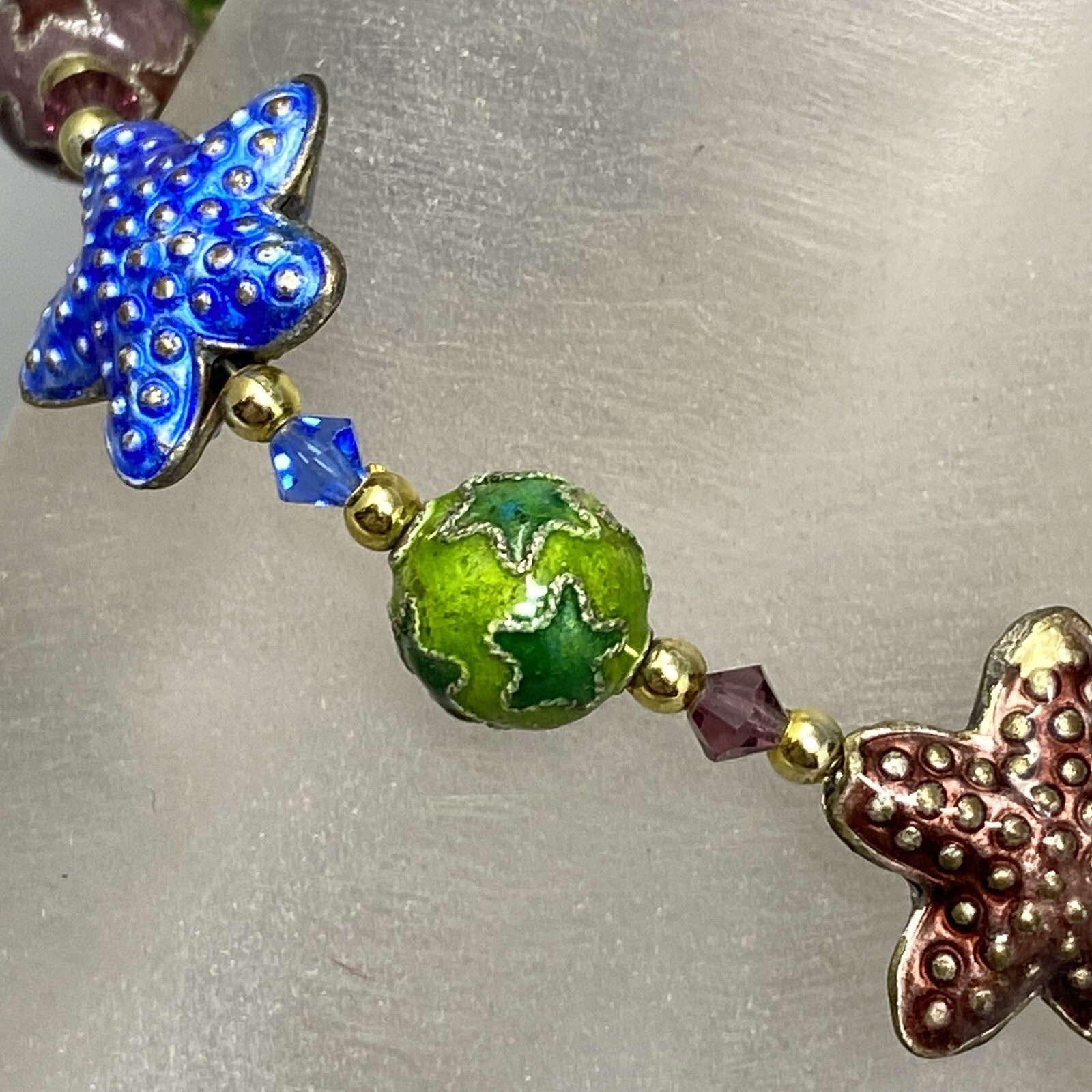 Cloisonne Enamel Bracelet Multicolor Star Shape Pattern Bead Station Crystal 6.7