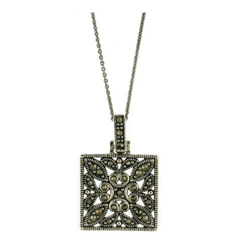 925 Silver Marcasite Square Filigree Pendant, 18″