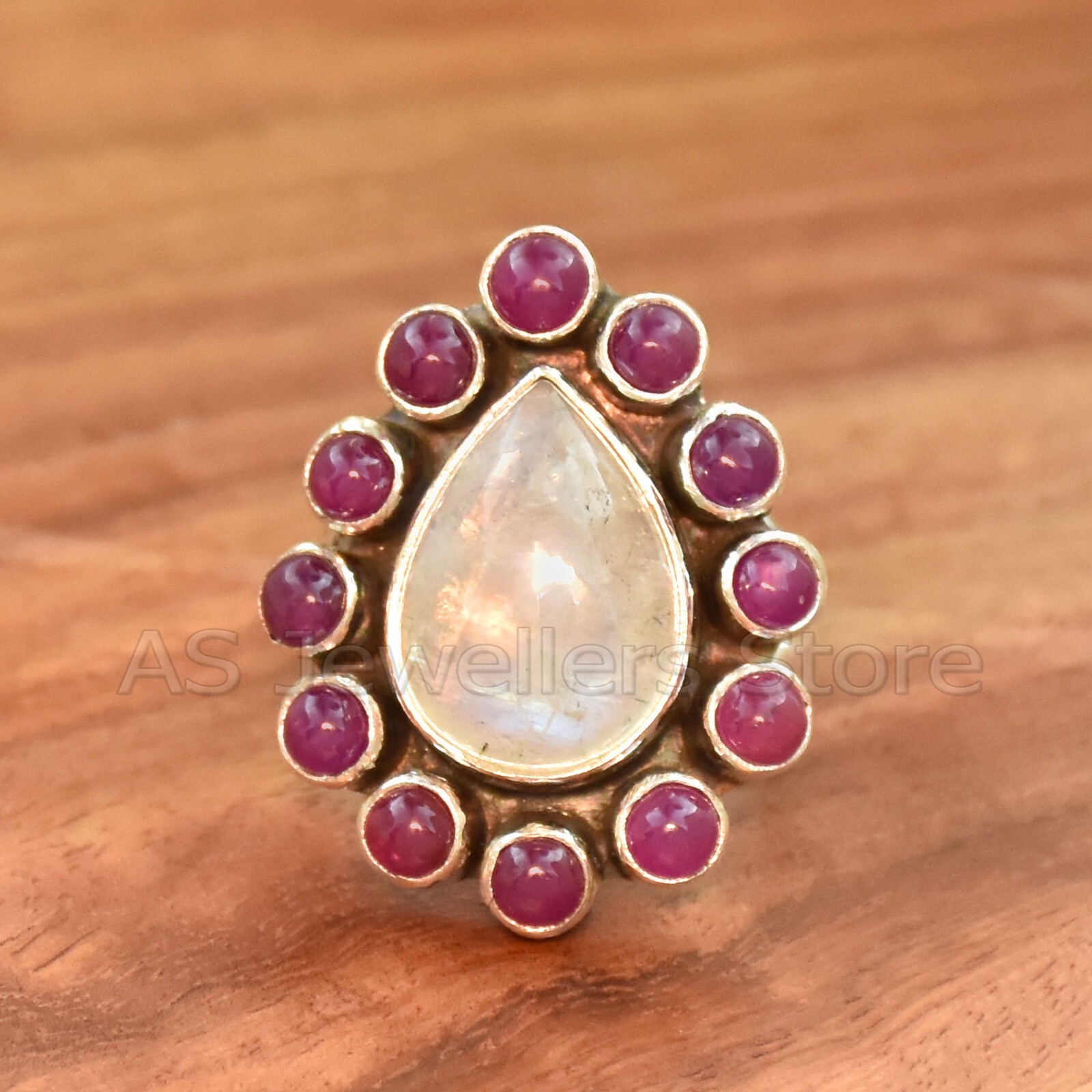 925 Sterling Silver Ring, Rainbow Moonstone & Natural Ruby Ring, Dainty Jewelry