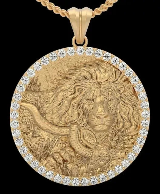 2.20Ct Round Cut Real Moissanite Lion Face Charm Pendant 14K Yellow Gold Plated