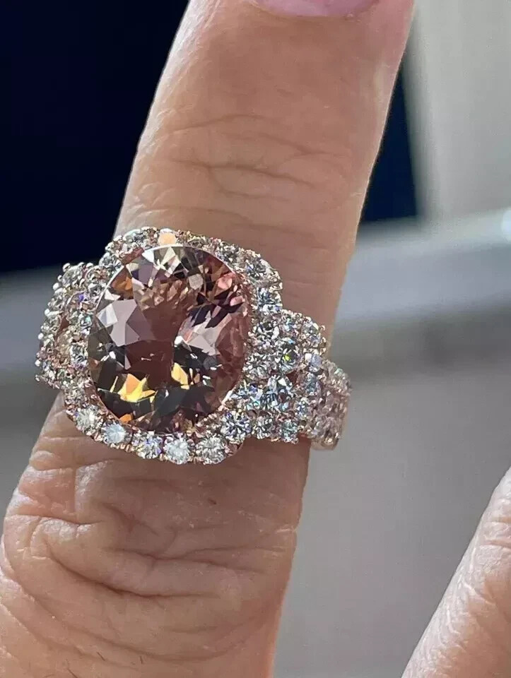 3Ct Oval Cut Lab-Created Morganite Halo Engagement Ring 14K Rose Gold Plated