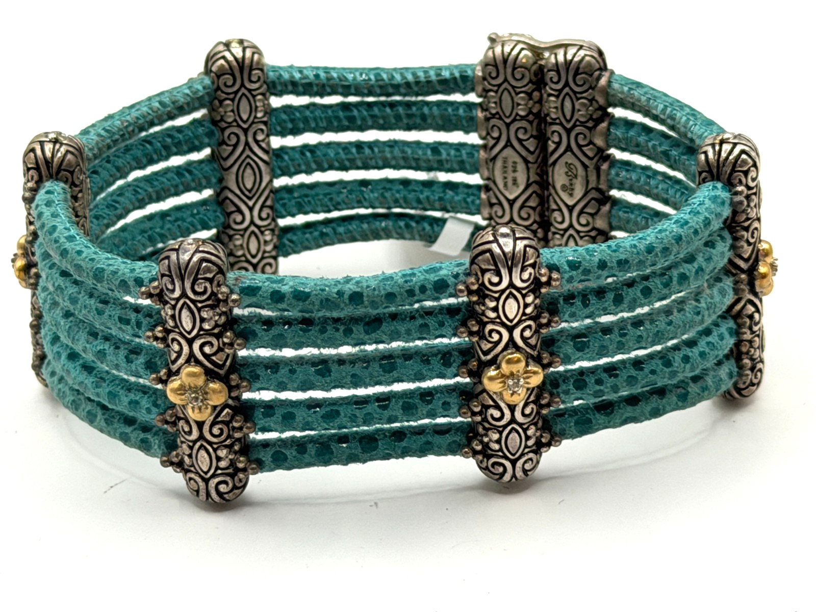 Barbara Bixby Sterling Silver/18K Pebbled Suede Leather Bracelet 7″ Turquoise