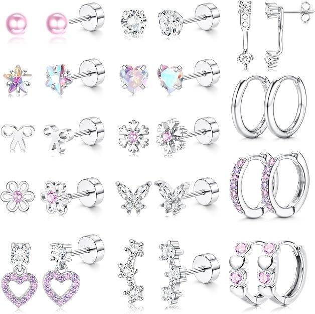 14 Pairs Hypoallergenic Flat Back Earrings Set Surgical Steel Small Hoops CZ