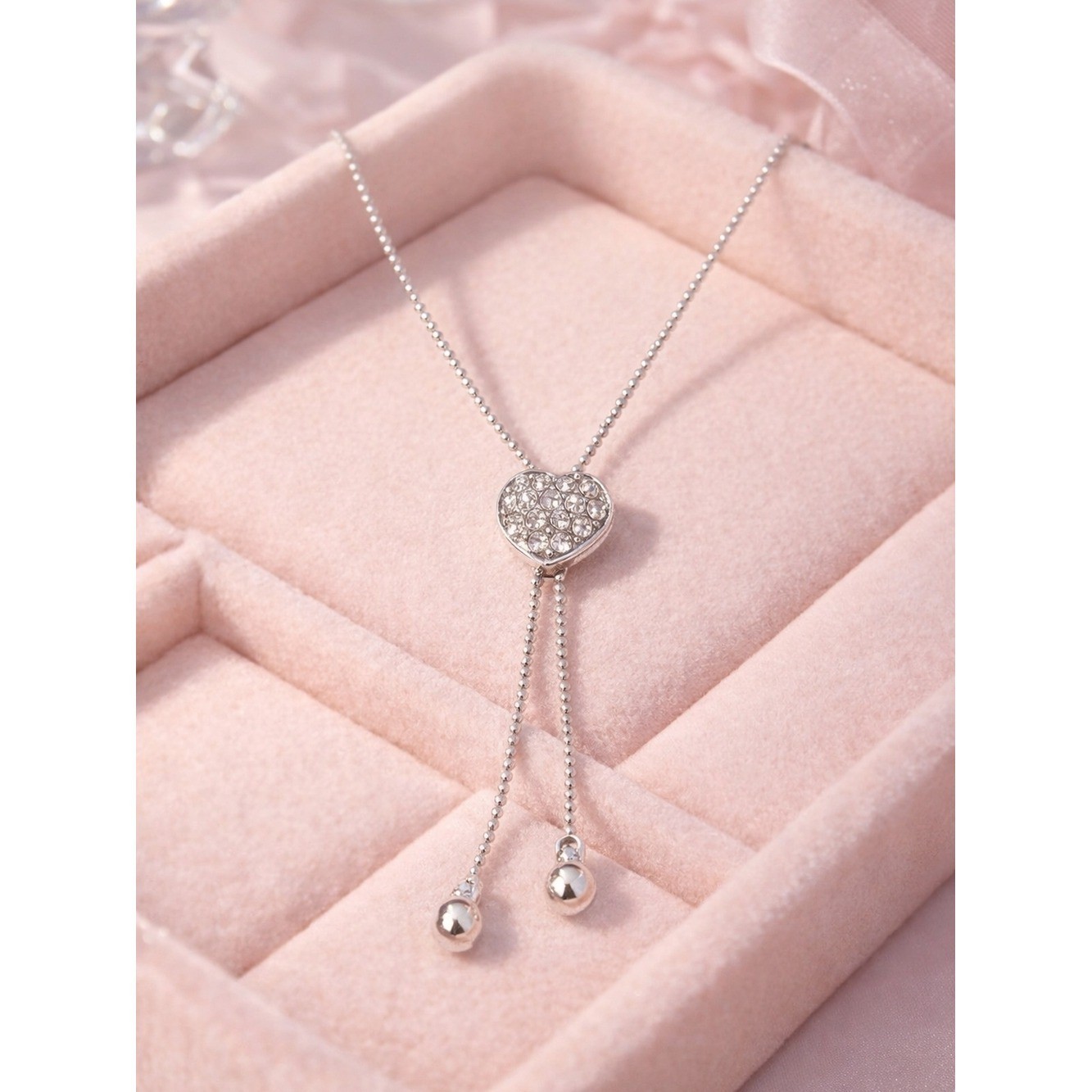 NIB Sterling Silver Heart Bolo Adjustable Slider Pavé Lariat Necklace 16″