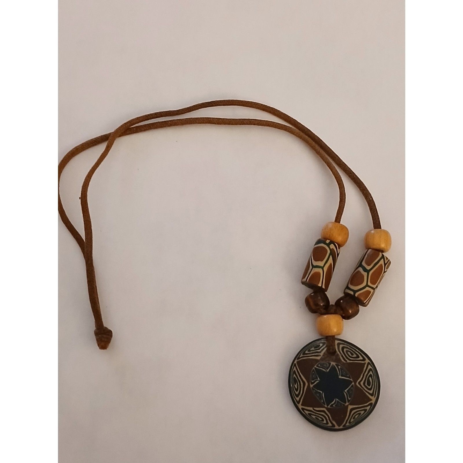 Boho Tribal Style Pendant Necklace Wood & Clay Beads Brown Tan Adjustable Cord