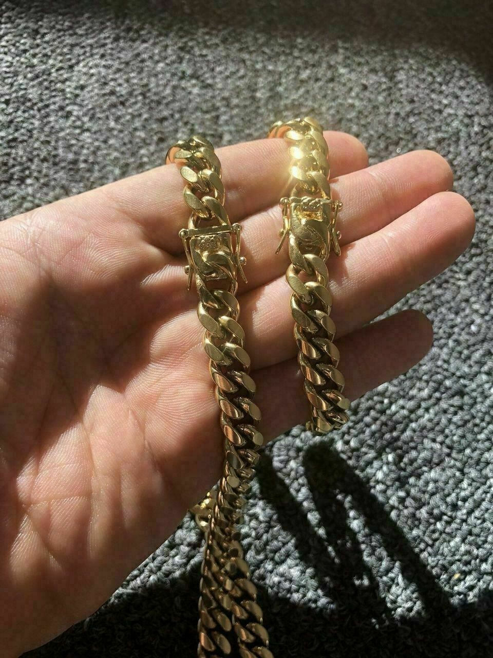 Pulsera y Cadena Cubana Para Hombre 10mm Baño De Oro 14k Sobre Acero Inoxidable