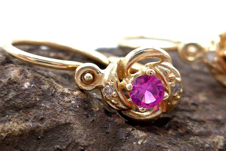 Ruby Zircon Gold Earrings, Dangle Earrings, 585 Yellow Gold