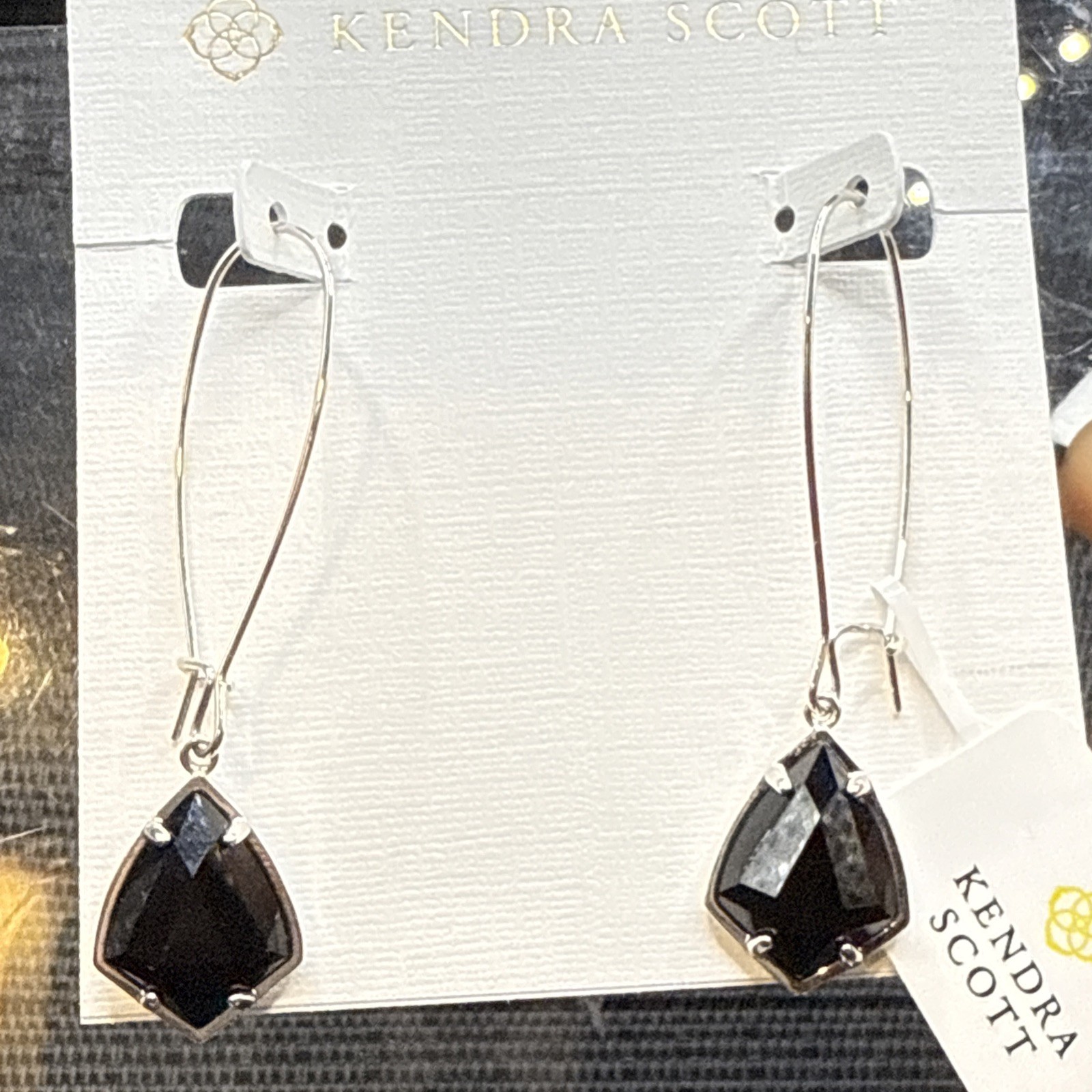 Kendra Scott Carinne Black Glass Rhodium Plated Dangle Drop Earrings Silver Tone