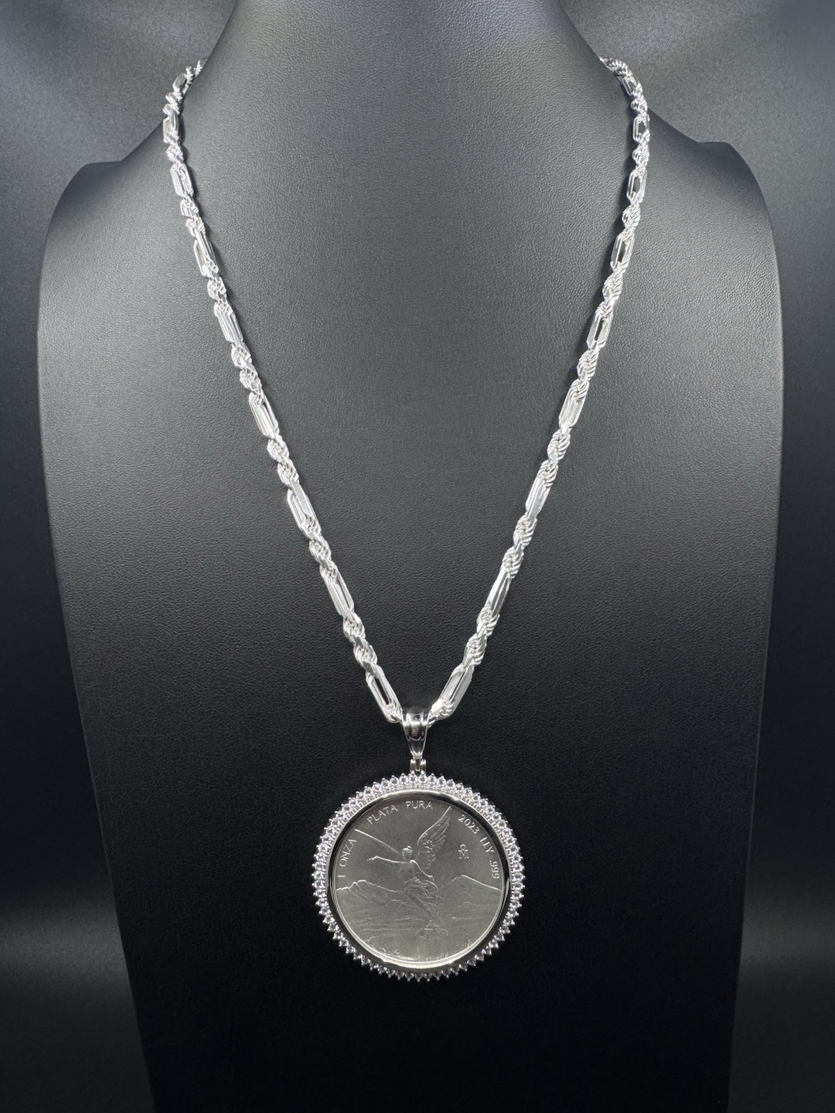 1oz 999 Libertad Centenario Coin with 925 Figarope Milano Chain Set CZ Bezel 24″