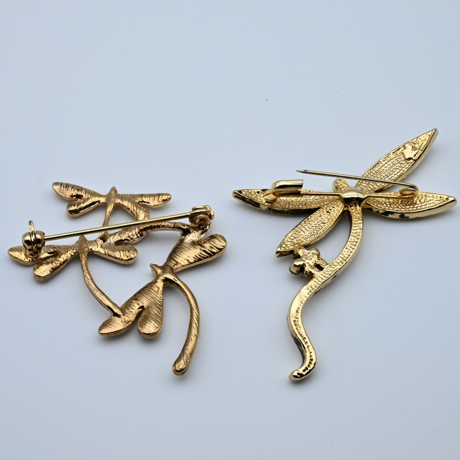 Vintage Gold Tone Dragonfly Brooch Set Multi Color Rhinestone Insect Pins 2pc