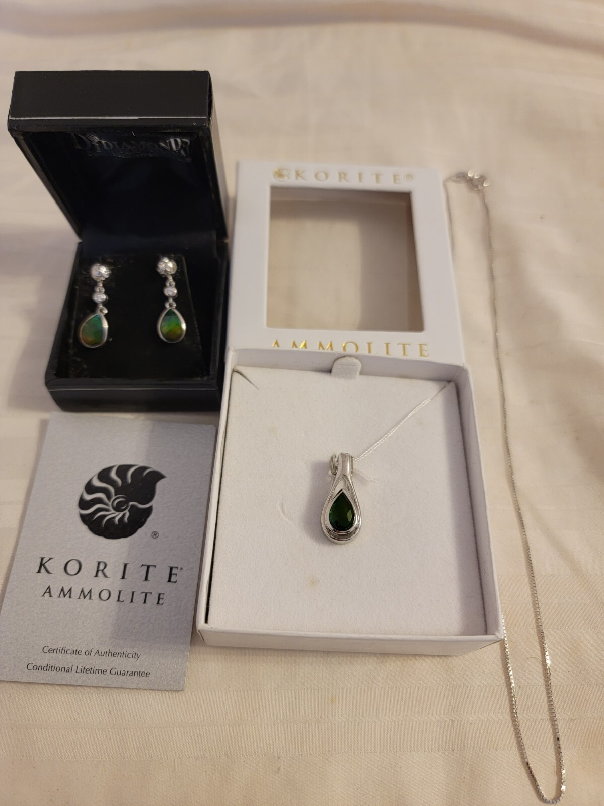 KORITE AMMOLITE SET Teardrop Pendant,16″ Sterling Silver Necklace,Earrings