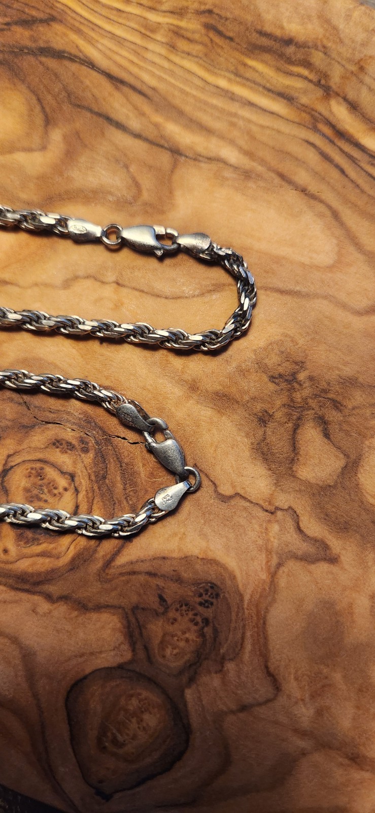 925 Sterling Silver Italian Rope Chain Necklace 19” Bracelet 7.5” Set Italy