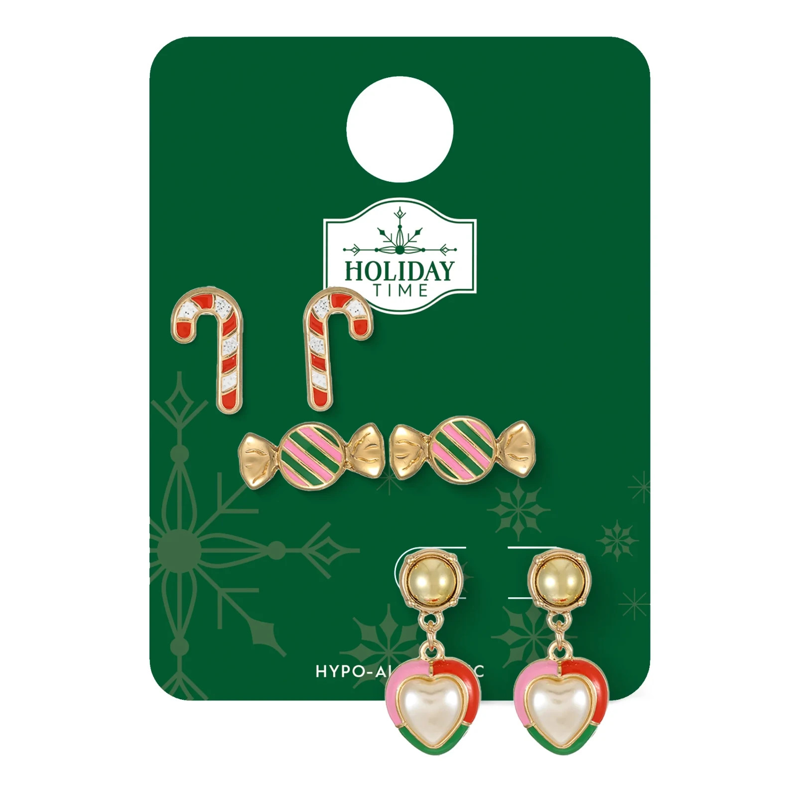 Holiday Time Christmas Earrings Set Of 3 Enamel Candy Cane, Dangle Heart & Candy
