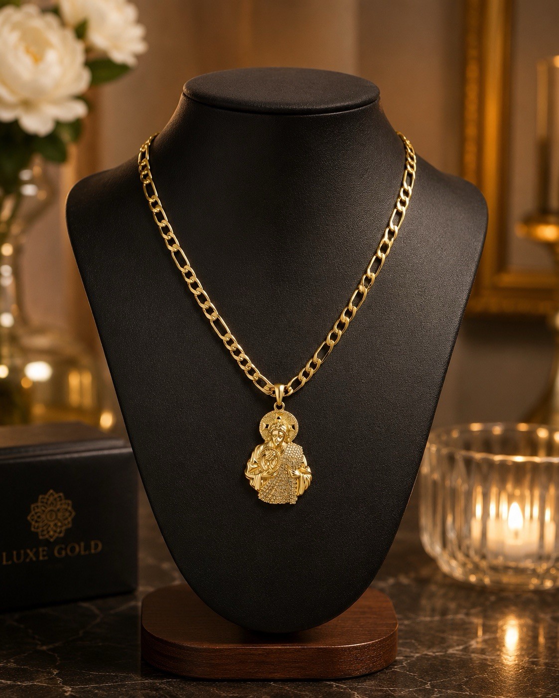 Luxe Gold Yellow Gold Plated Figaro Chain Religious Round Charm 24in