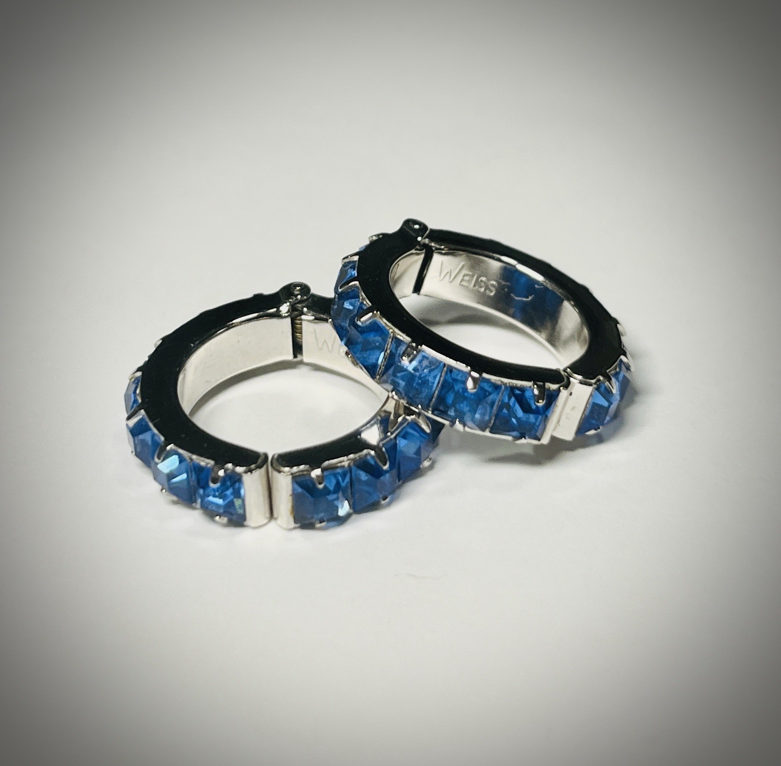 Signed WEISS Sapphire Blue Rhinestone Clip-on Small Hoop Earrings, 1950s