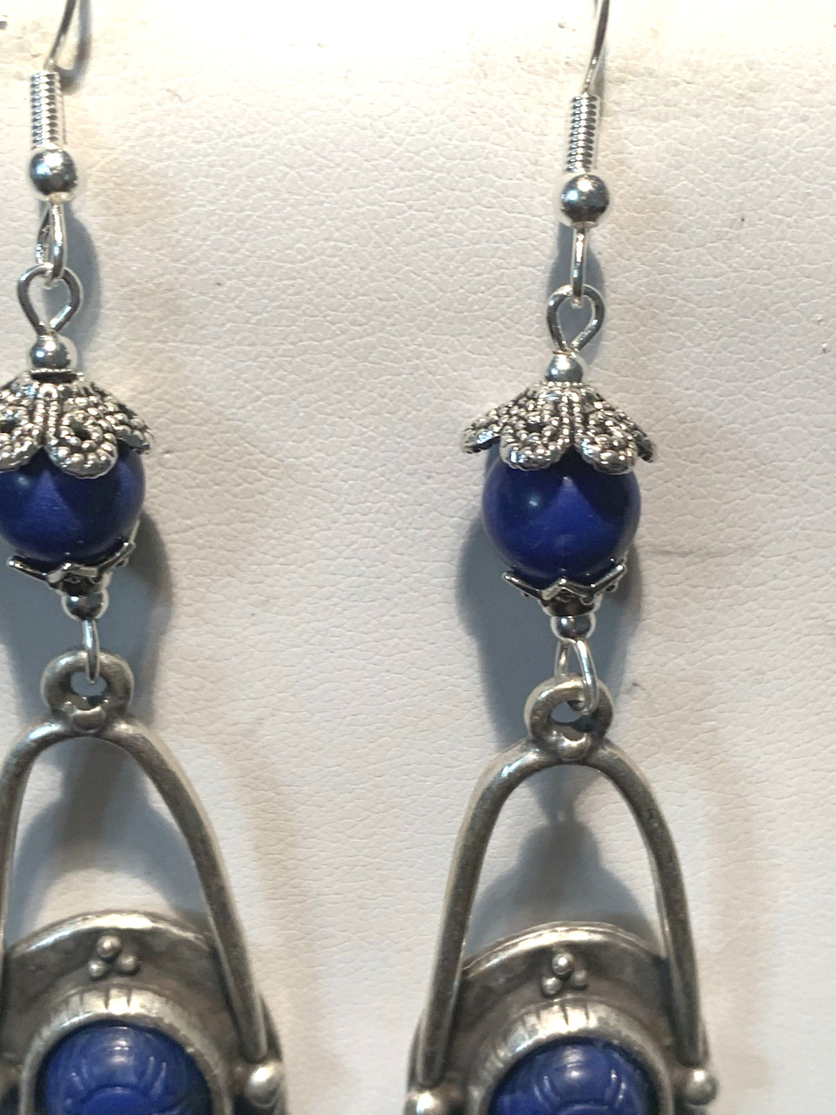 NEW ITEM* HANDCRAFTED EGYPT CARVED VTG. LAPIS SCARAB EARRINGS-NEW-.925 EAR WIRES
