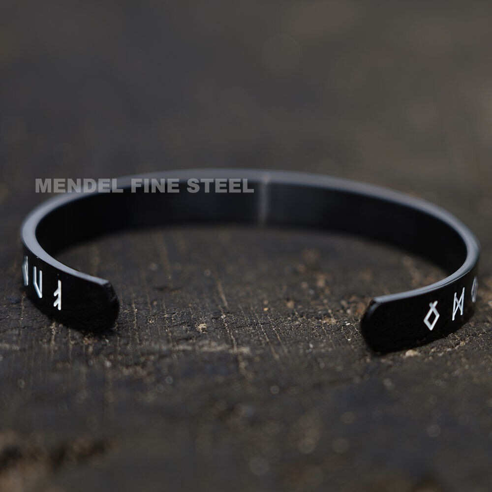 MENDEL Mens Nordic Norse Viking Black Stainless Steel Rune Cuff Bracelet Bangle