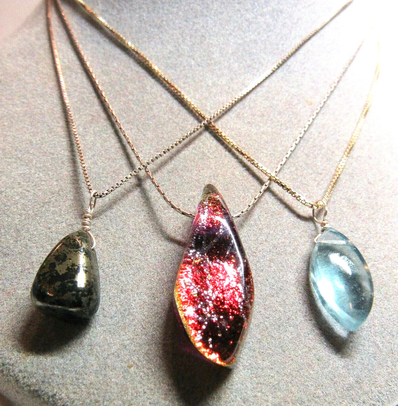 3 PC Pendant Necklace Lot Sterling 925 Silver Fluorite Pyrite Stone Glass 17.0g