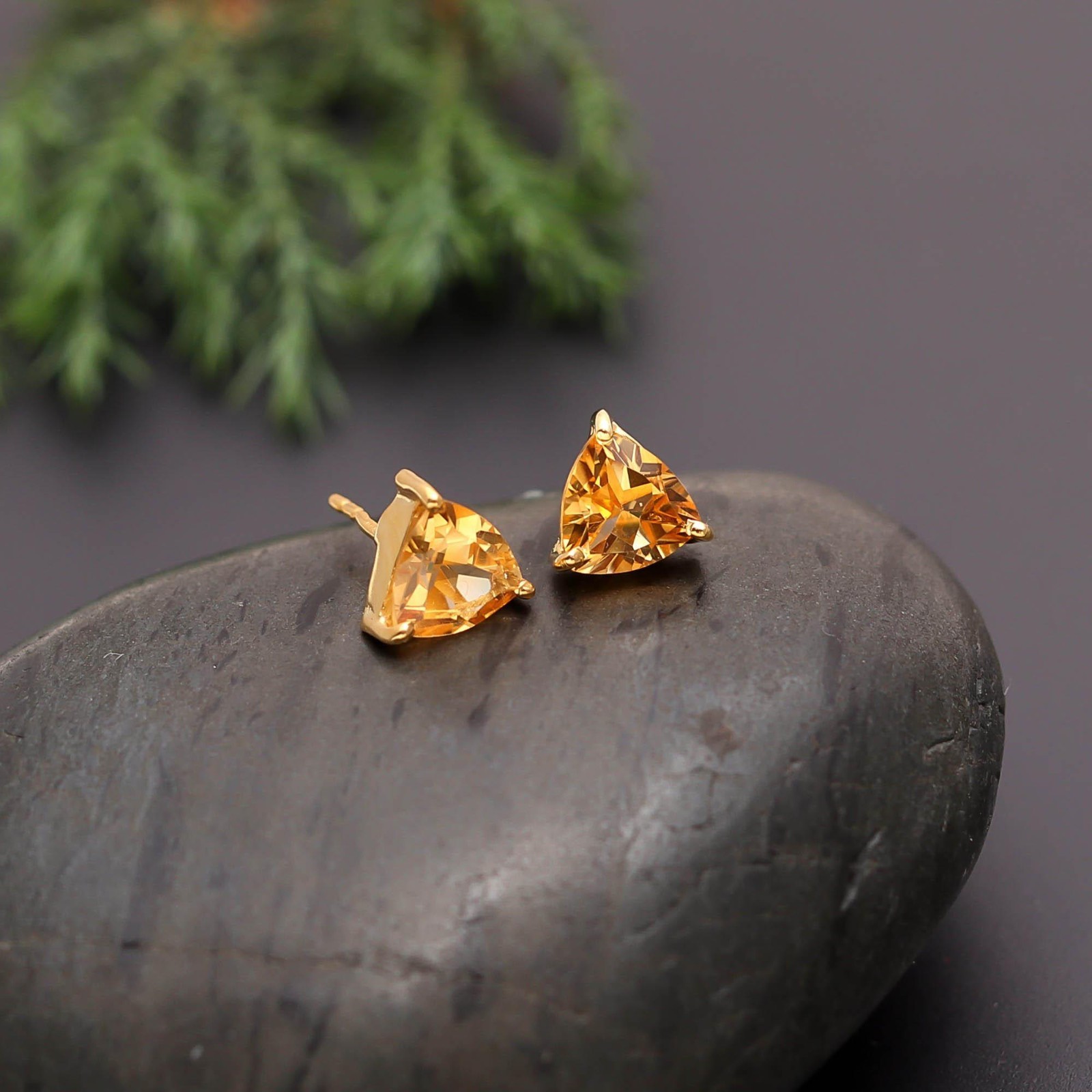 Natural Citrine Quartz Trillion Stud Earrings Gold Plated Solid Silver Jewelry