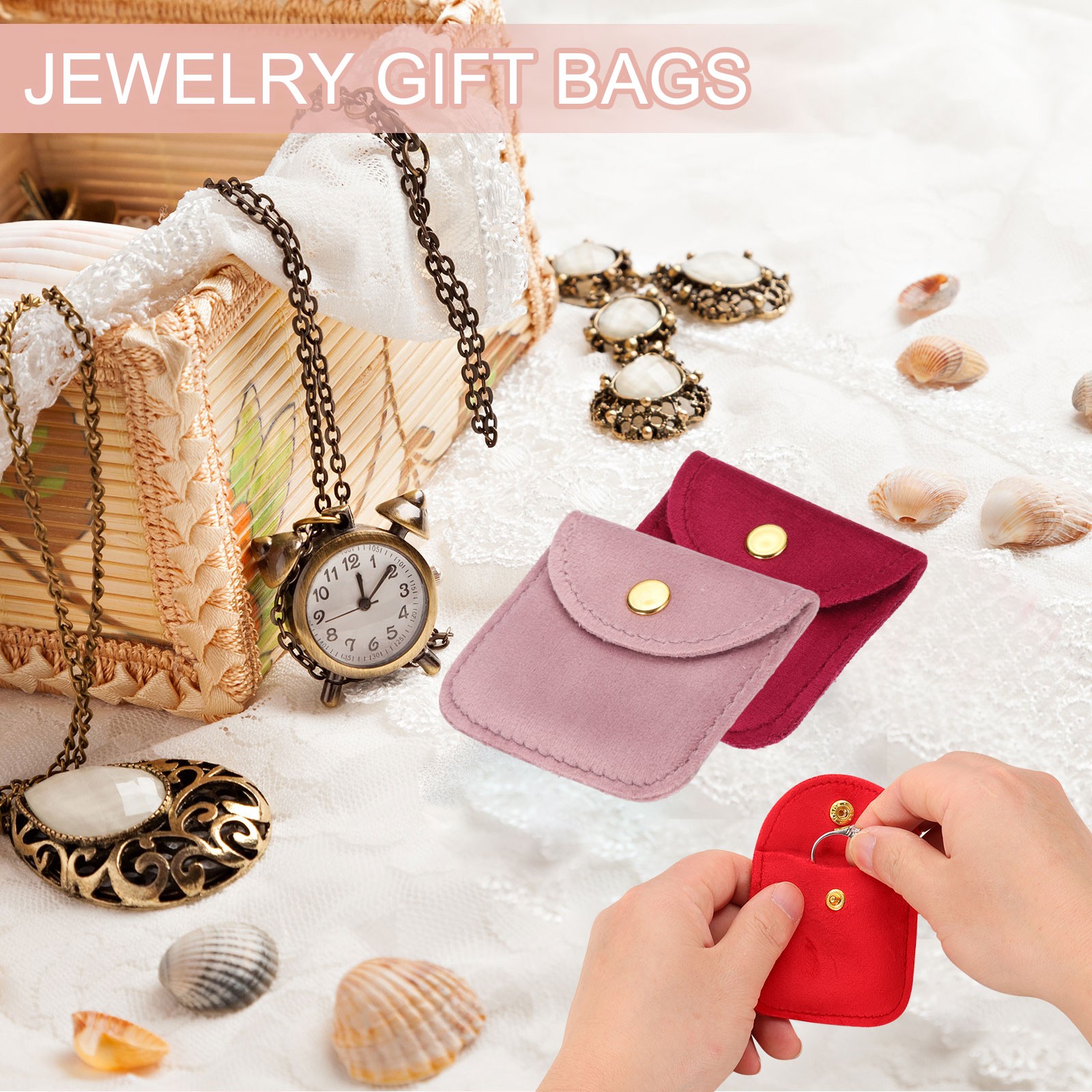 6 Pcs Velvet Jewelry Pouches Gift Bag with Snap Button (2″x2″/3″x3″) Pink