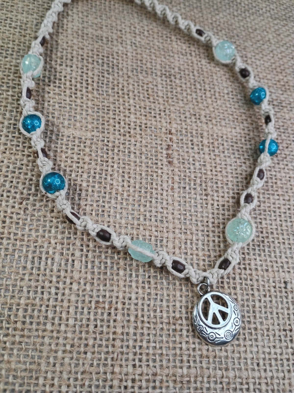 New Natural Hemp Necklace W/ Peace Sign Charm & Mixed Beads 16 in Twist Macrame