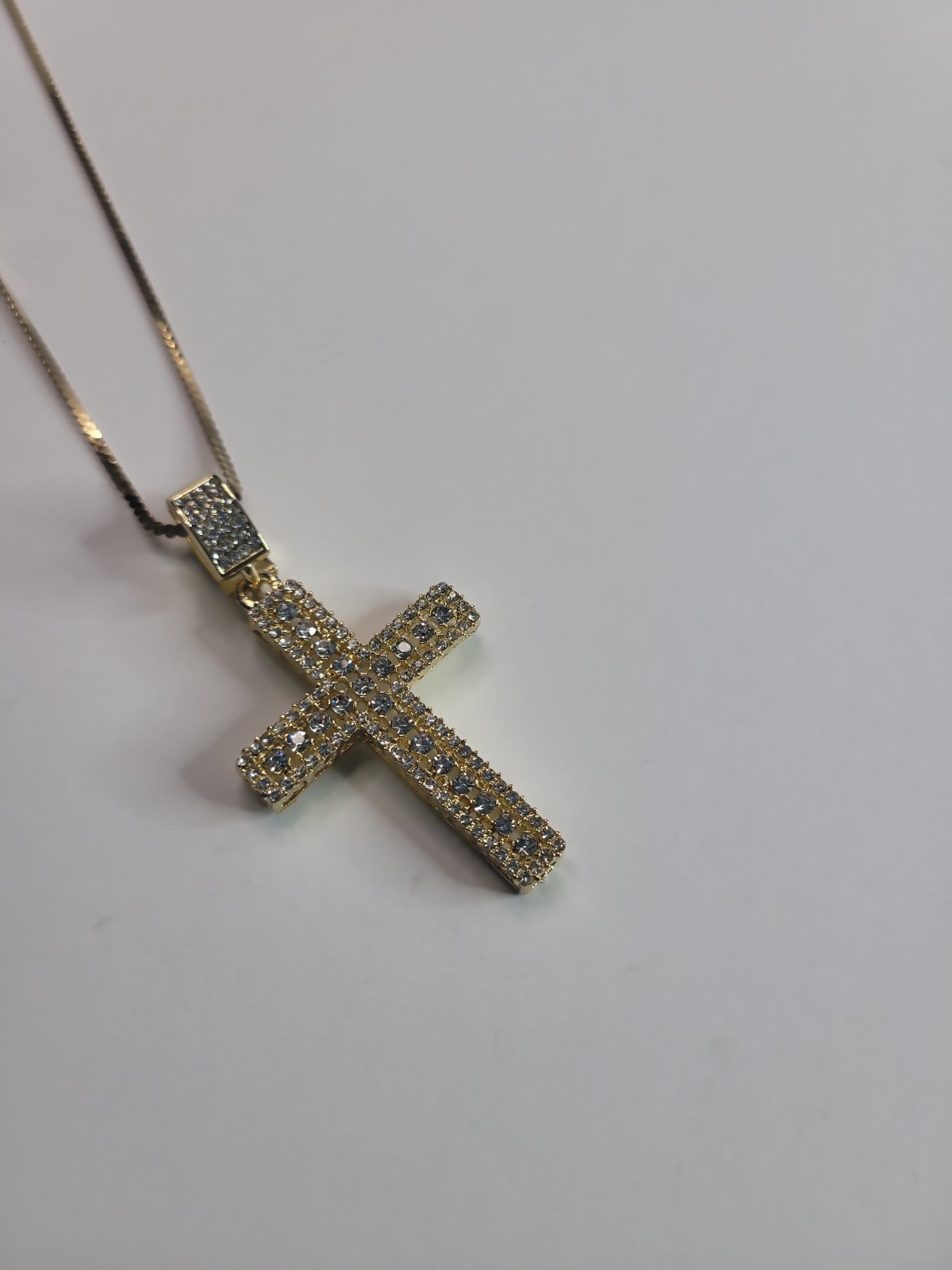 Gold Tone Iced Out Cross Pendant Necklace Clear Rhinestone Pave Hip Hop Style