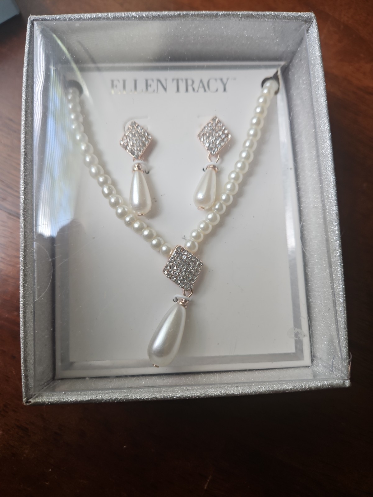 Ellen Tracy Faux Pearl Necklace & Earring Silver Tone Crystal Rhinestone Set