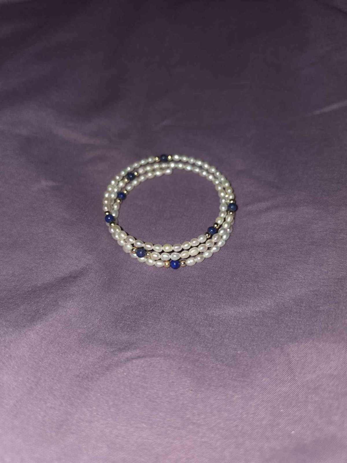 Vintage Freshwater Pearl & Lapis Lazuli Memory Wire Bracelet, Triple Strand Boho