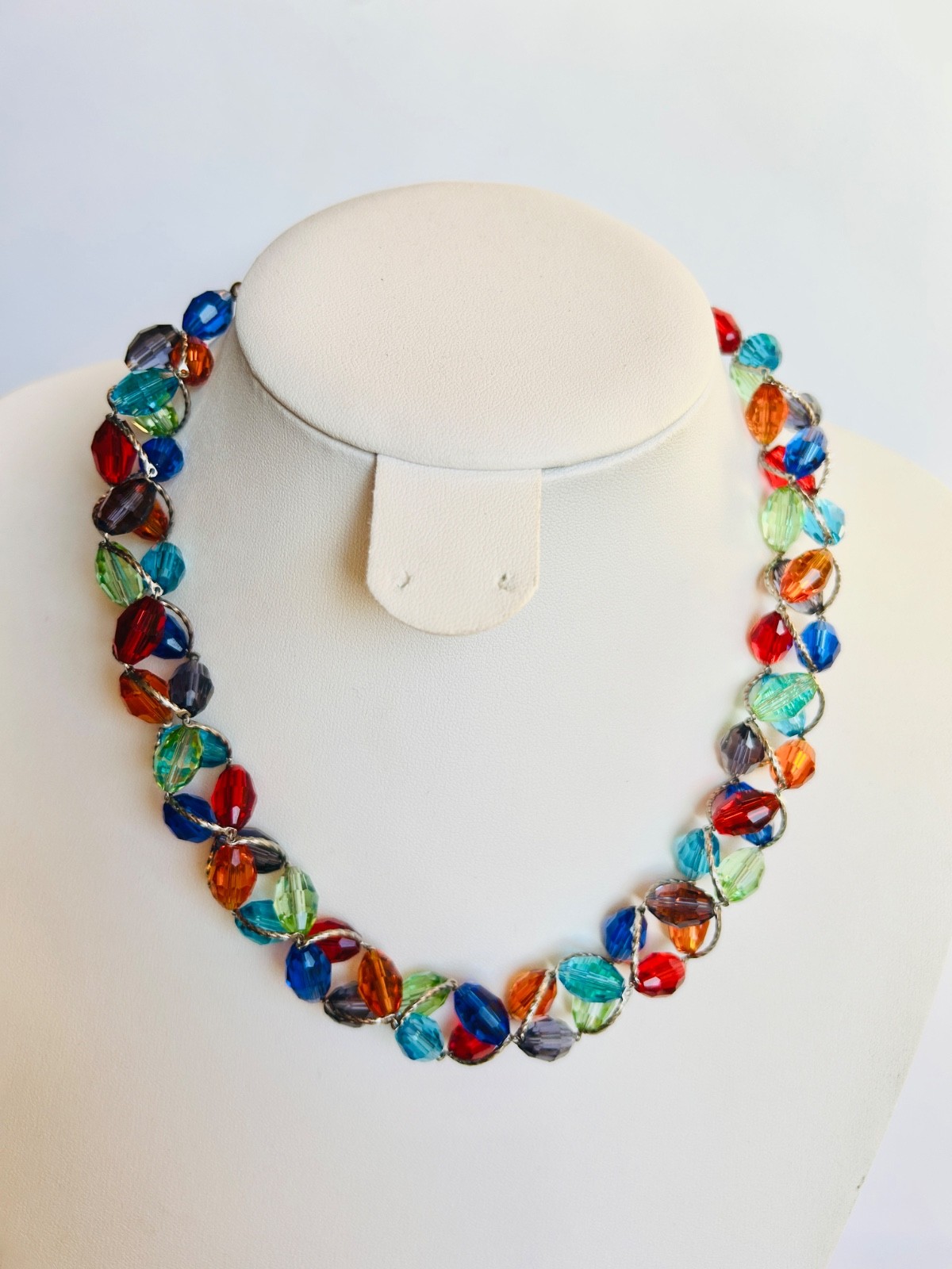 M&S Glass Necklace Red Green Blue Amber Purple Silver Tone Metal Vintage