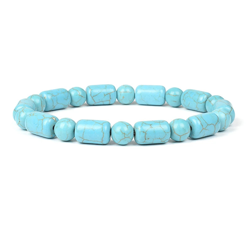 Natural Blue Turquoise Cube & Cylindrical Beads Bracelet Elastic Cord Unisex