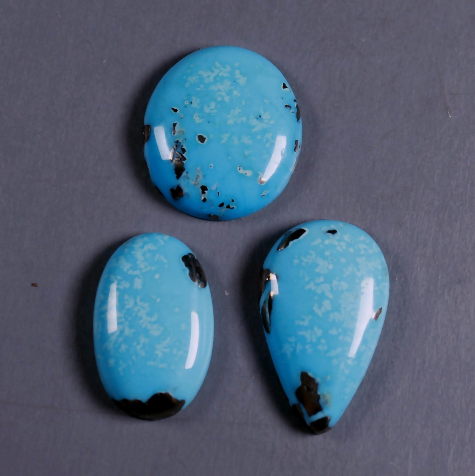 All 3 Persian Turquoise Cabochons with Pyrite Pear Oval Shape