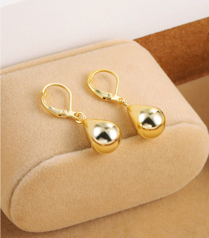 18K Gold Plated Polished Teardrop Lever Back Hoop Drop Dangle Earrings K36A