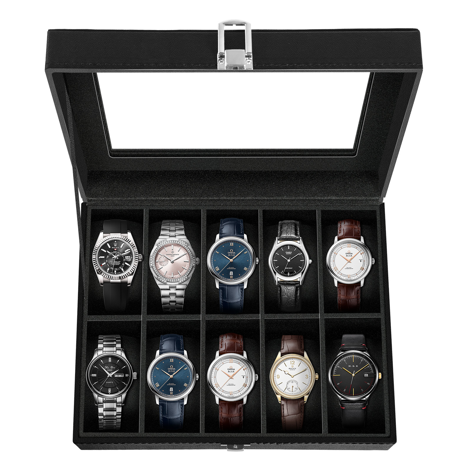 10 Slots Watch Box PU Leather Watch Case Storage Glass Lid Jewelry Display Case