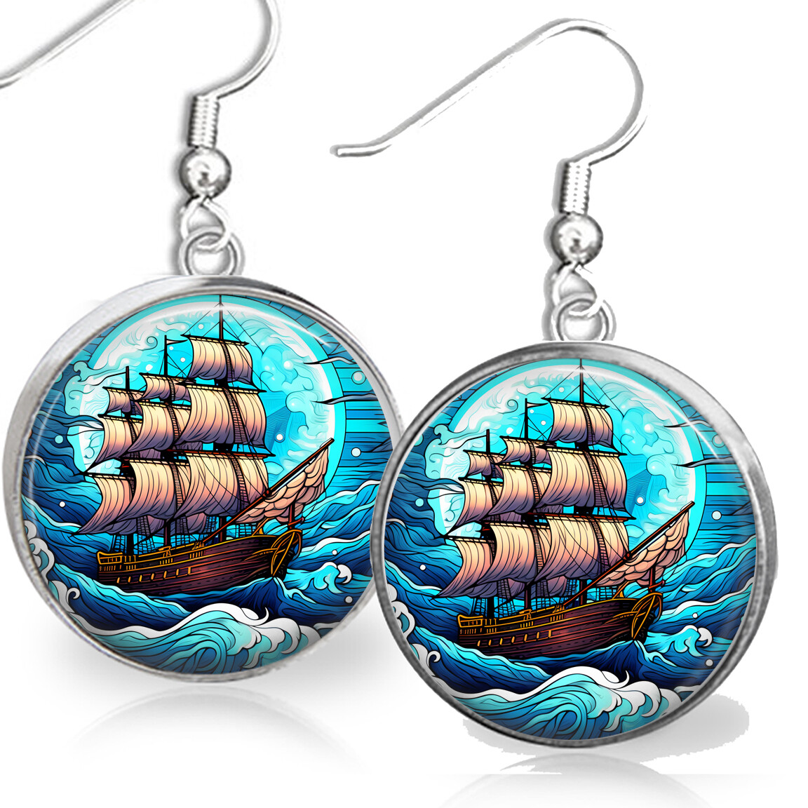 Watercolor Art Print Pirate Ship Nautical Ocean Waves Boat Gift .925 Earrings