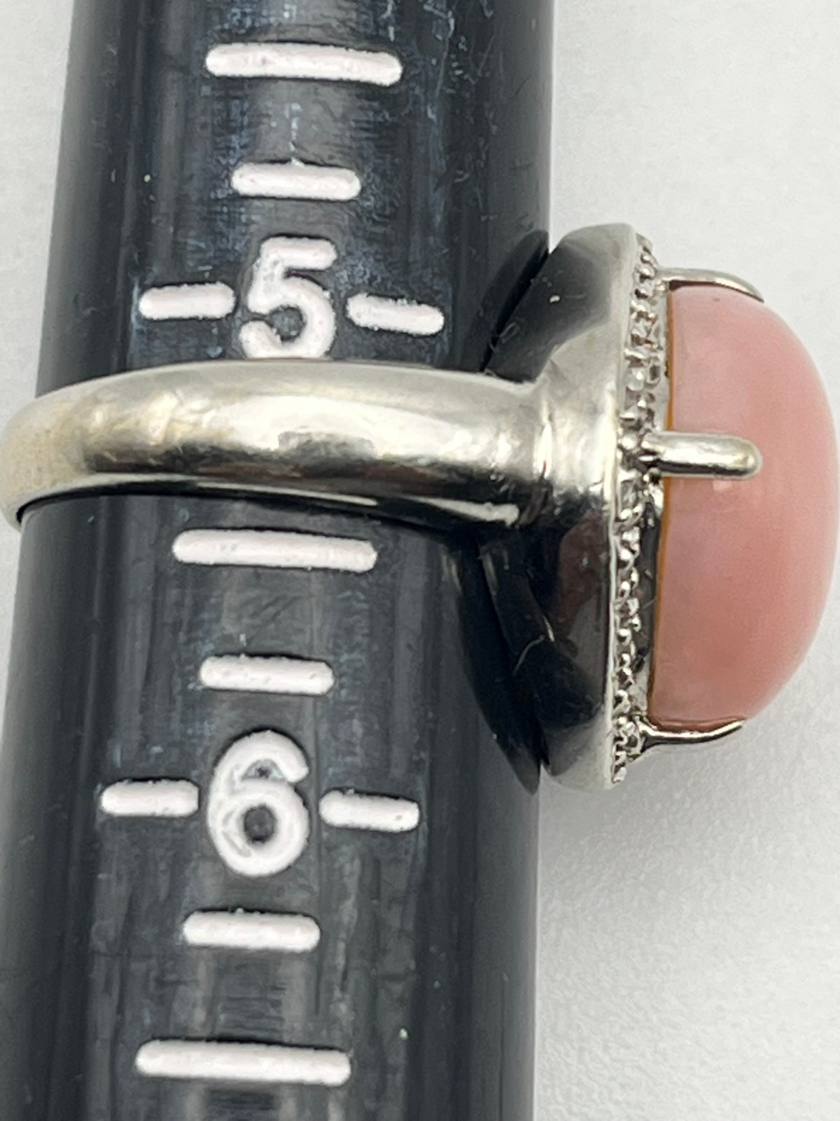 14K Solid White Gold Pink Coral Stone and Diamond Halo Ring Size 5.25