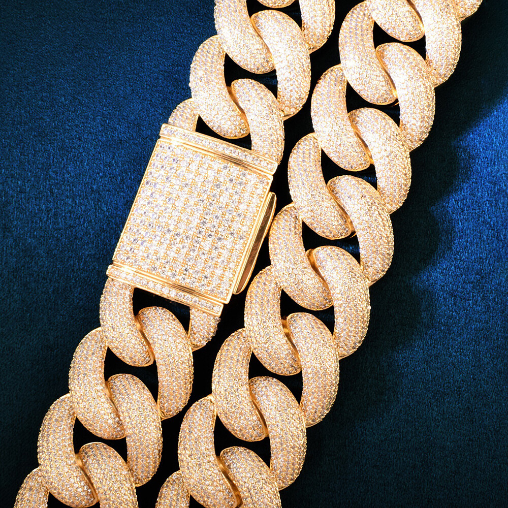 25mm Hip Hop Bubble Cuban Link Chain White CZ Stone 18K Real Gold Plated Jewelry