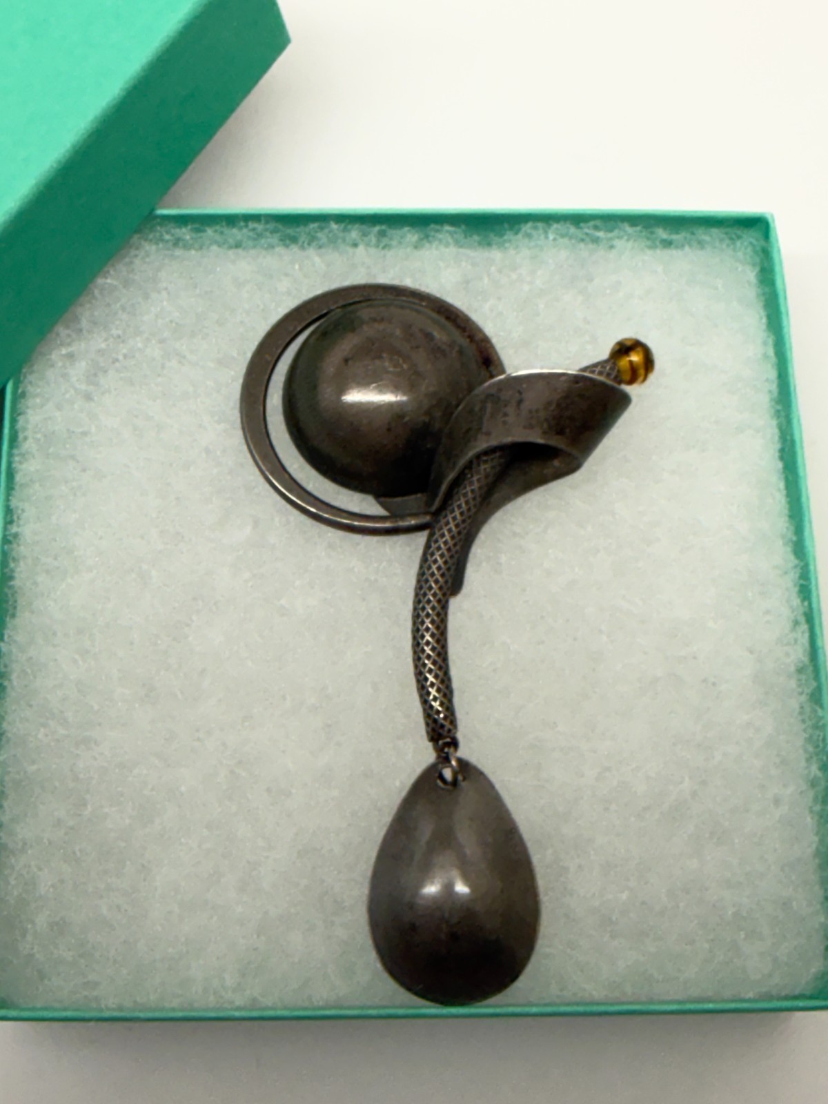 Vtg Studio Modernist oxidized Silver Brooch amber cab patina Scandi?