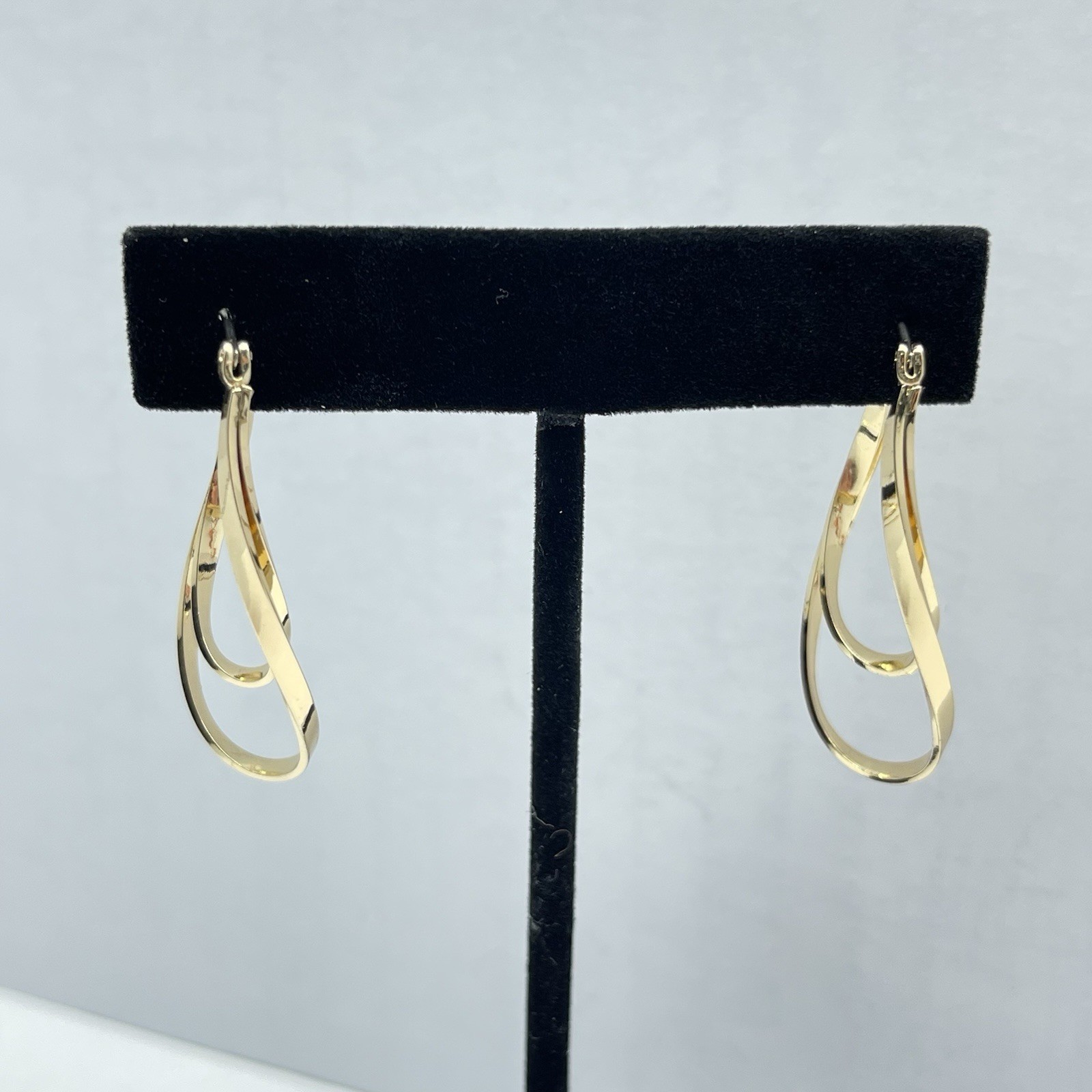 Gold Tone Slim Wavey Double Hoop Polished Earrings 1-9/16″ Drop -Latch Back