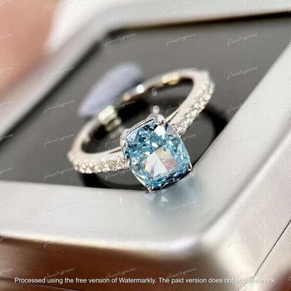 2.30CT Cushion Cut Lab Created Aquamarine Engagement Ring 14K White Gold Finish