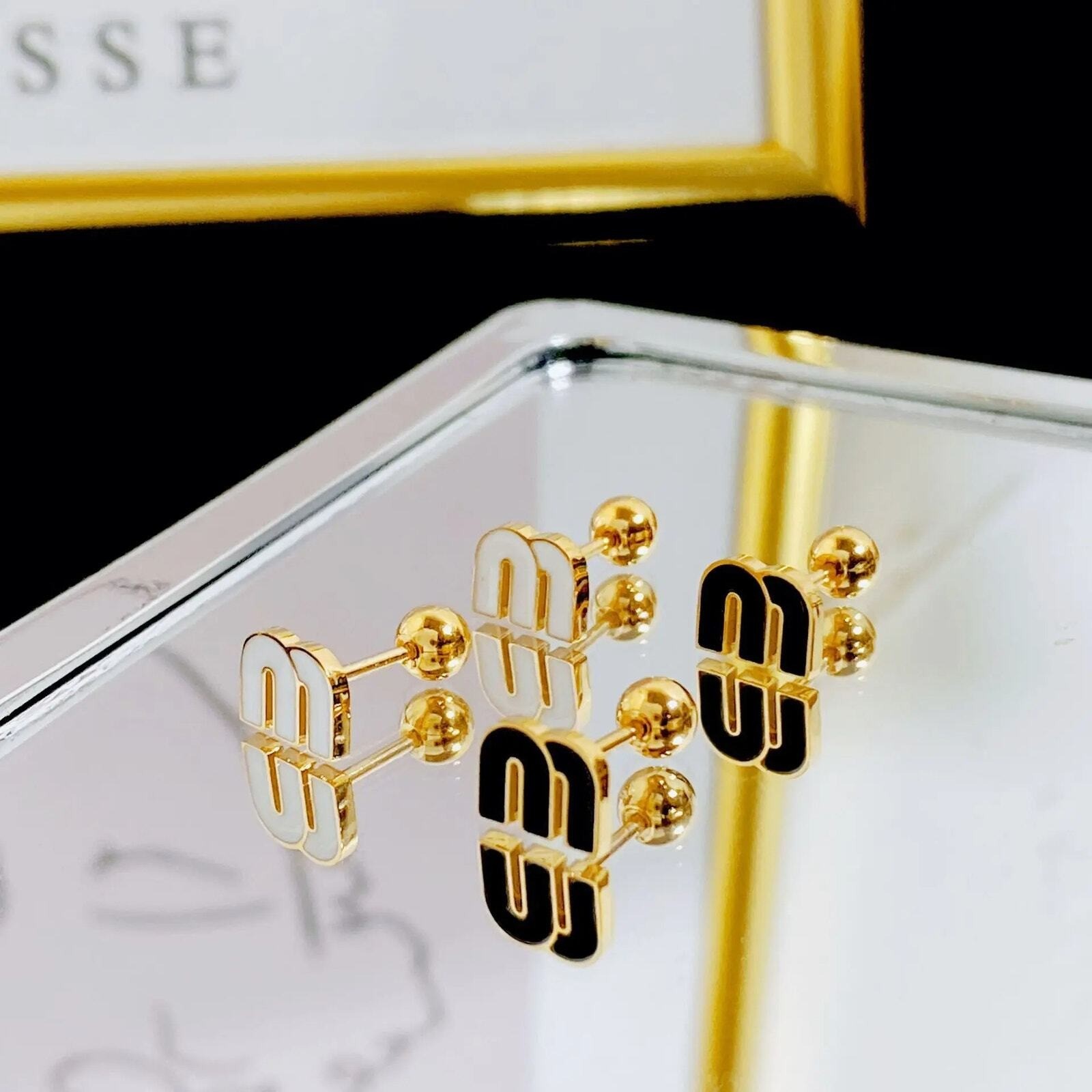 Dainty Black Letter M Charm Stud Earrings Stianless steel