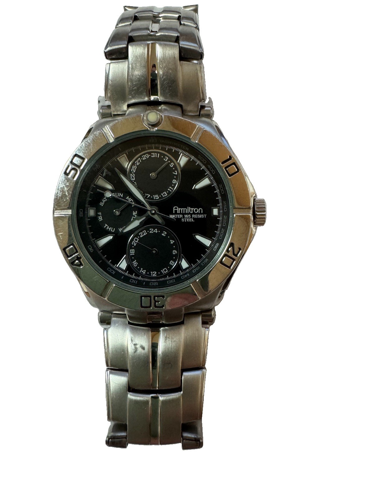 Men’s Armitron Heavy Stainless Steel Watch w/ Tachymeter Fixed Bezel-20/4224SV