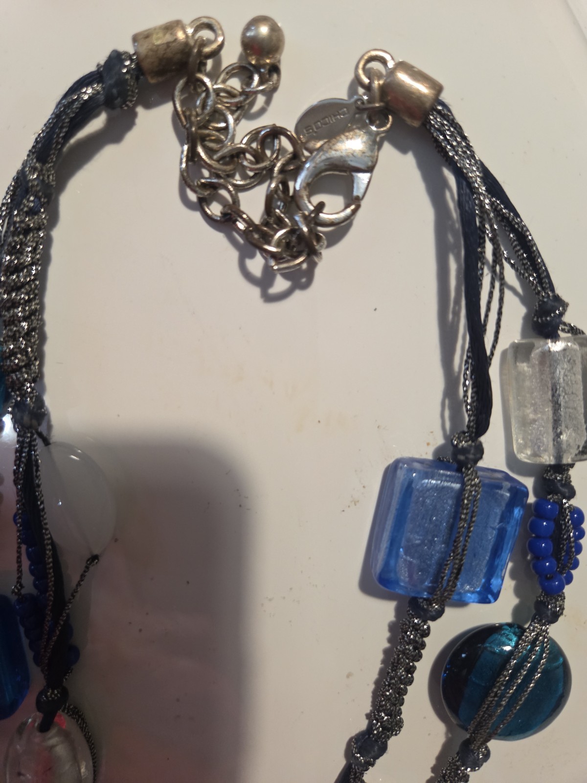 Chico’s Blue Glass Beaded Multi Strand Statement Necklace Adjustable Silver Tone
