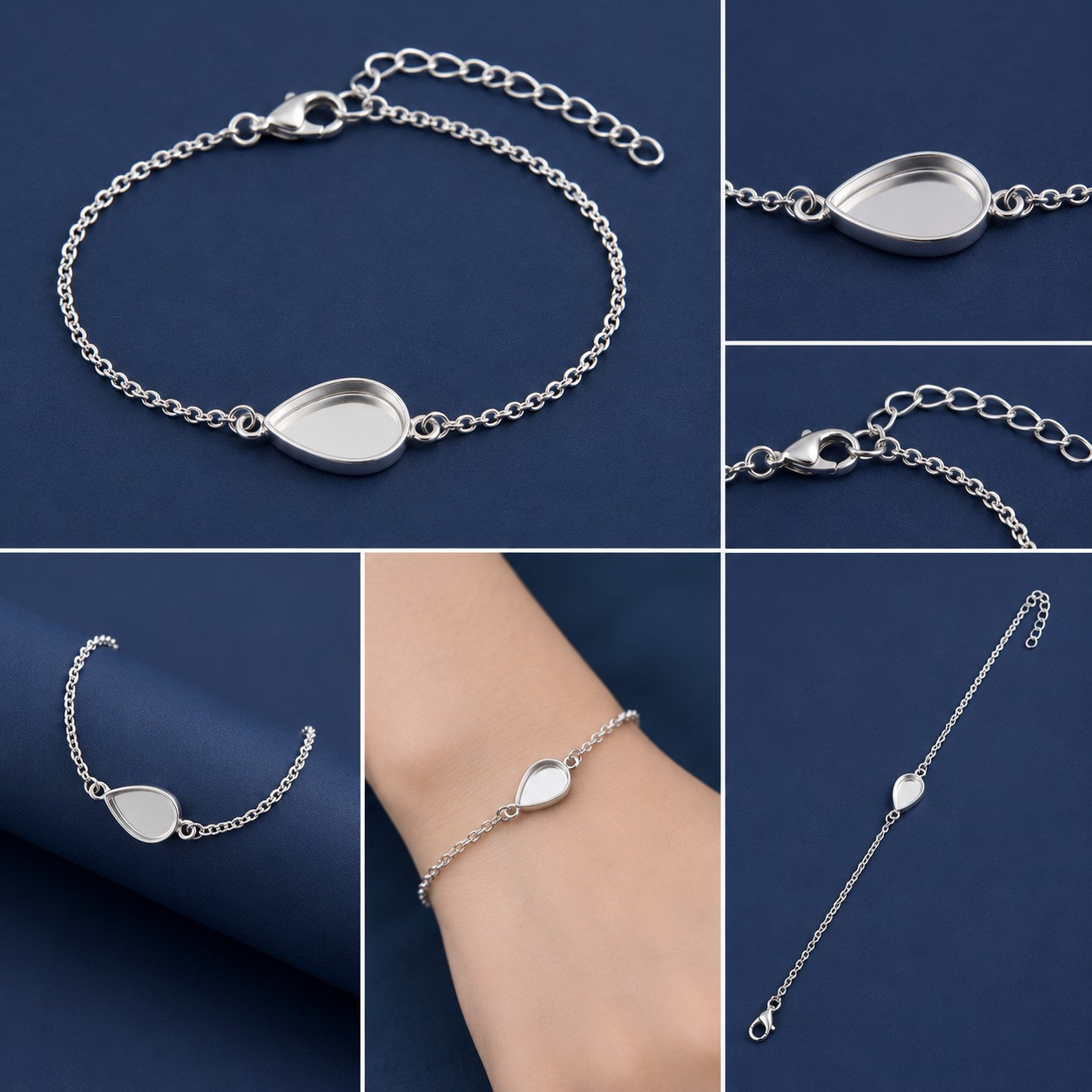 925 Sterling Silver 5x7mm Pear Shape Bezel Bracelet Handmade DIY Jewelry Setting