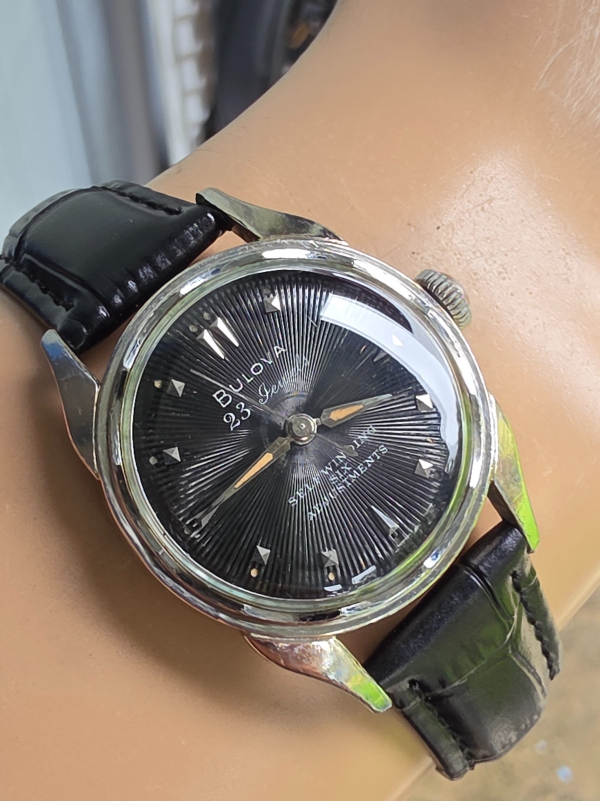Vintage Bulova 23 “A” Men’s automatic watch 10K RGP Black Sunburst dial 1955
