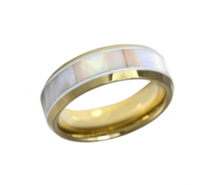 Gold IP Tungsten Ring 7MM Rare Pink Mother of Pearl MOP Shell Inlay Sz 7 – 12