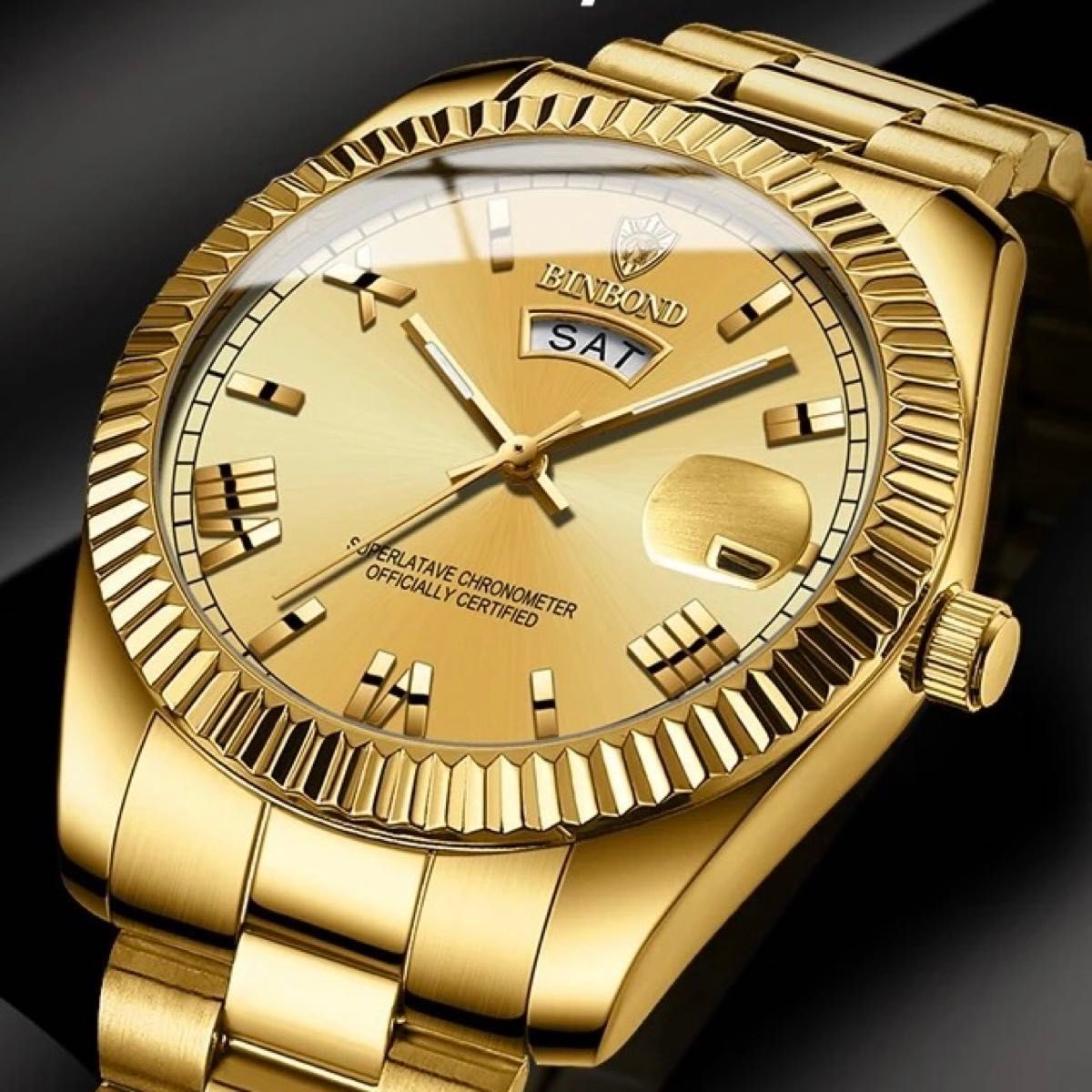 BINBOND Men’s Gold Stainless Steel Automatic Day-Date Homage Watch